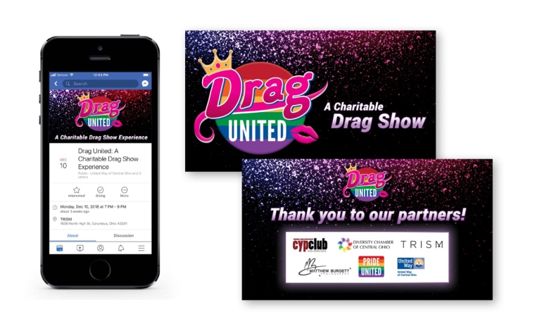 Drag United Facebook event on phone and two Powerpoint presentation screens