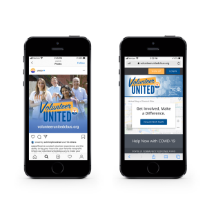 Two iphones showing Volunteer United social media sample and home page for volunteer portal